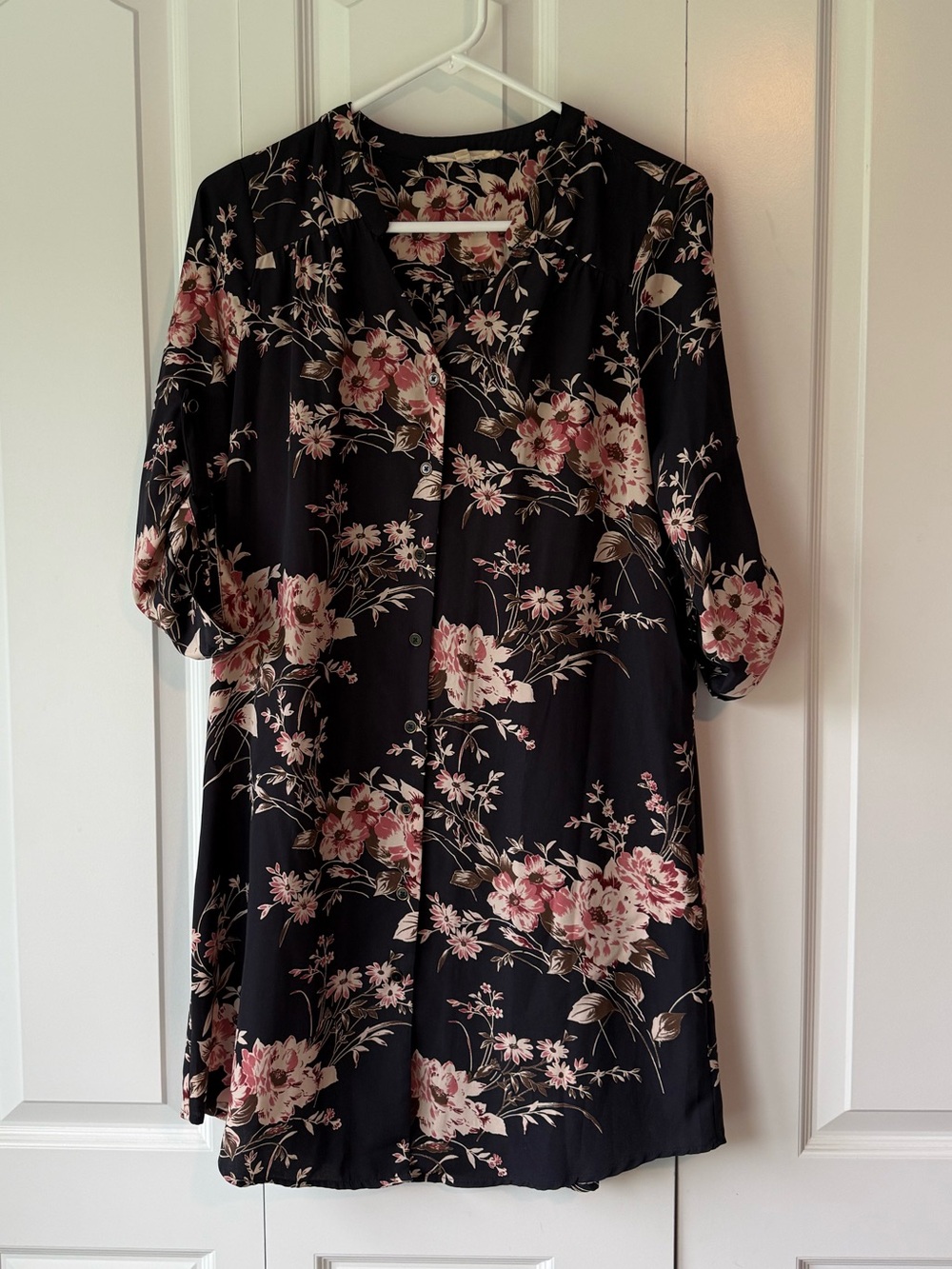 Navy Floral Button-Front Tunic Dress - Pink & Cream Flowers